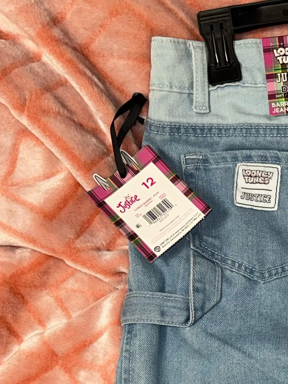 Justice Light Blue Denim Cargo Jeans with White Bugs Bunny Graphics
